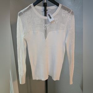 DKNY Long-sleeve Mesh Top Logo Fitten Knit  Top Size M